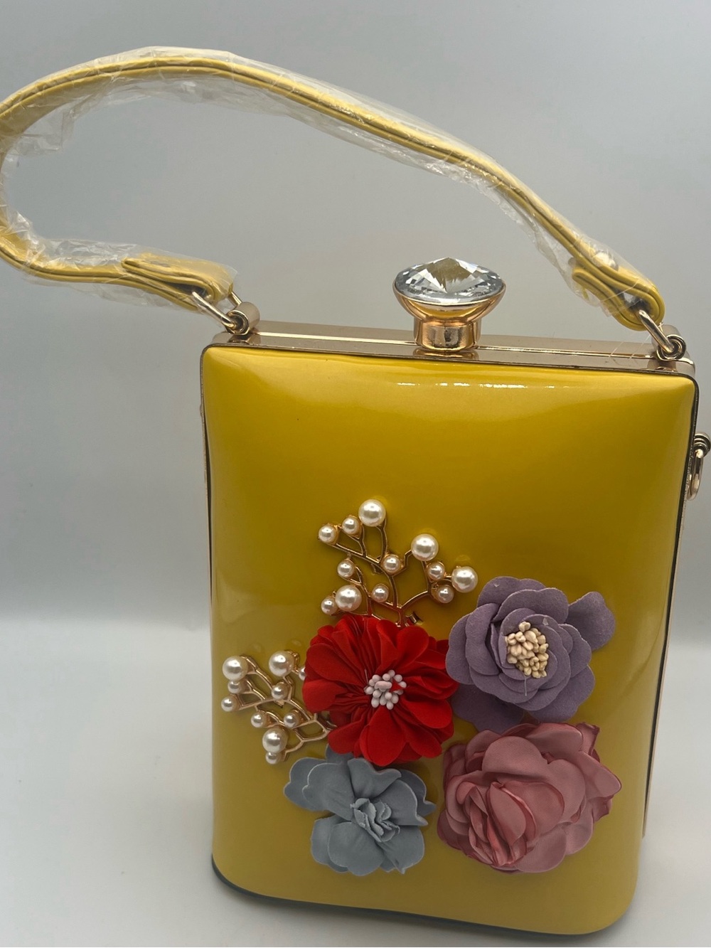 Yellow Floral Appliqué Evening Box Bag